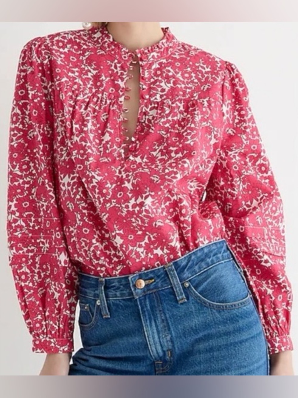 J. Crew Cotton Popover Pink Floral Top Size Medium